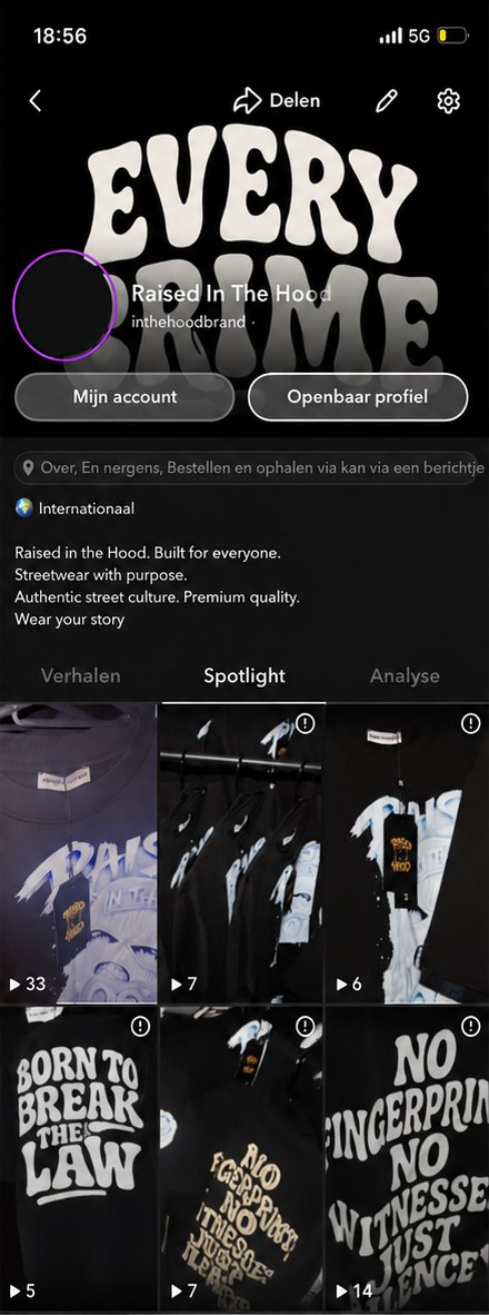 Screenshot van het Snapchat-profiel inthehoodbrand
